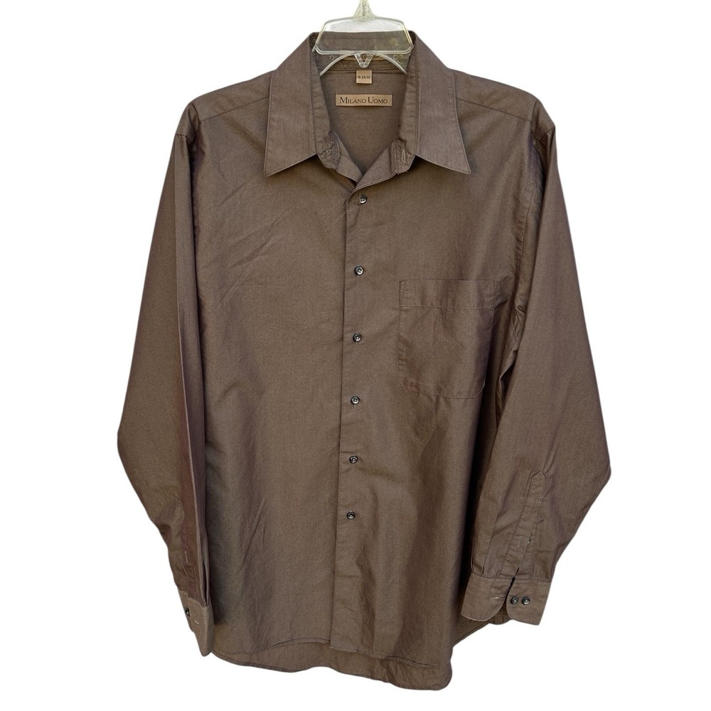 Milano Uomo Mens Brown Cotton Blend Dress Shirt 16 34/35 Button Front‎